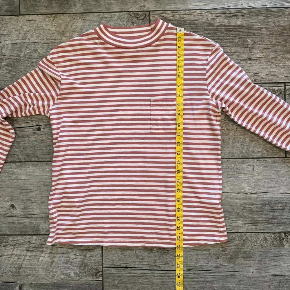 Garnet Hill Organic Pima Cotton Striped Mock Neck Pocket Tee Rust White XS
